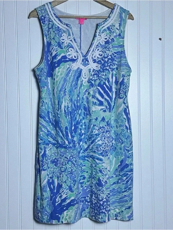 Lilly Pulitzer Harper Shift Dress L Blue Haven Hey Hey Soleil print Sleeveless - Picture 4 of 8